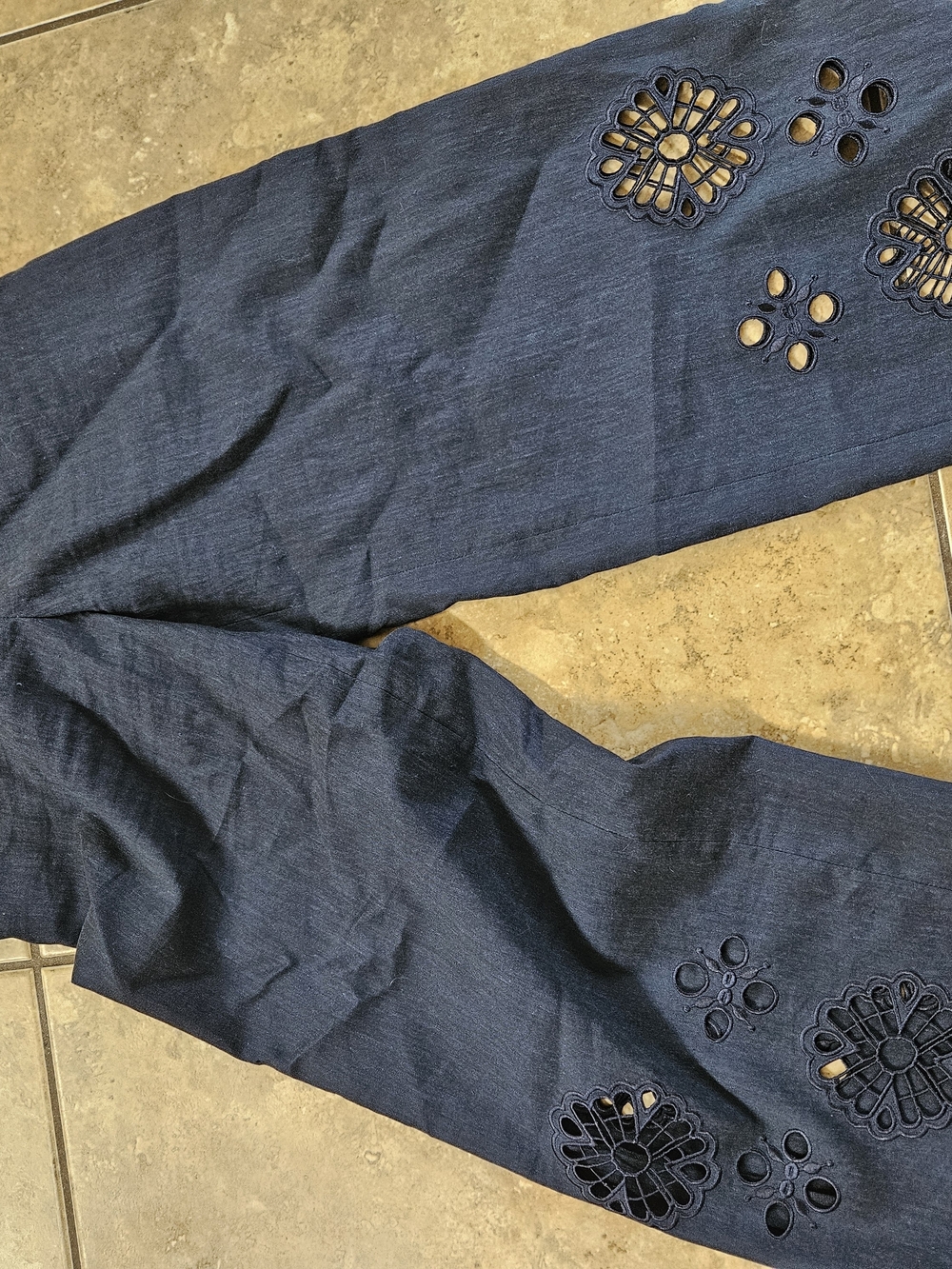 Elie Tahari Navy Blue Wide-Leg Pants with Cutout Floral Details